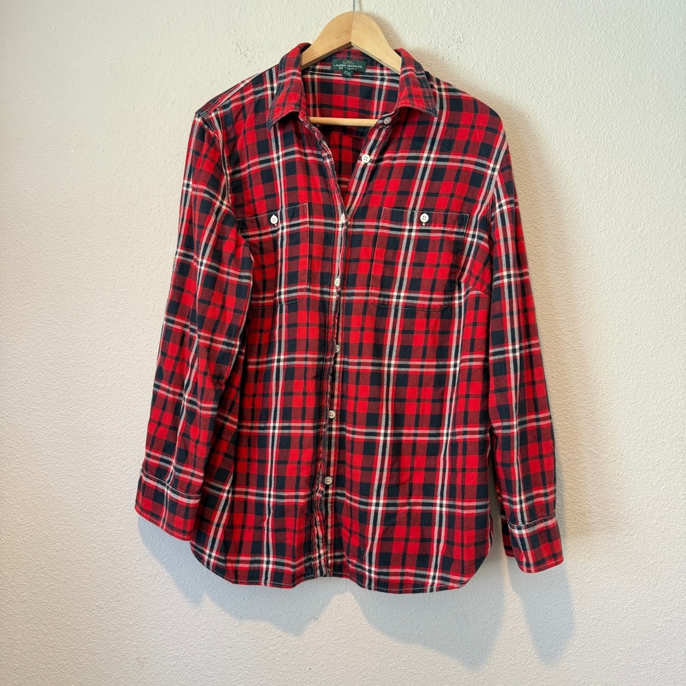 Lauren Ralph Lauren Red Plaid Flannel Button Down Shirt 1X Roll Tab Sleeve